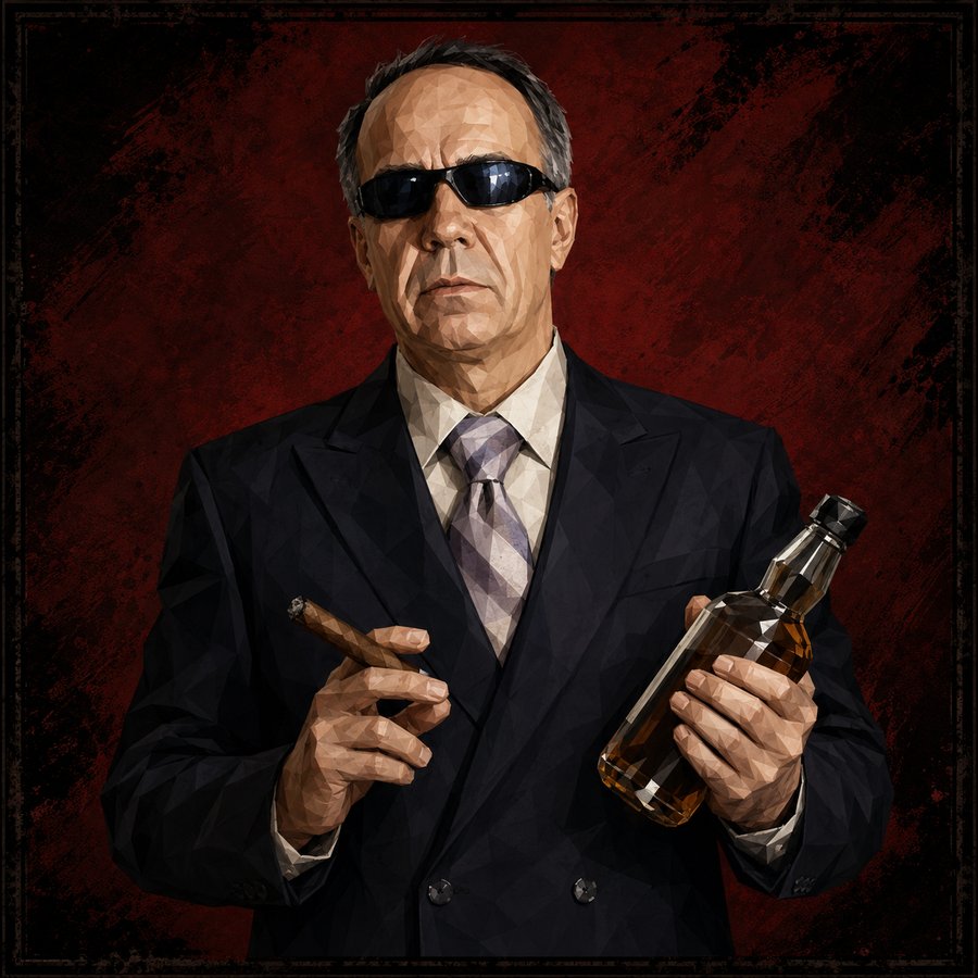 A stern man in sunglasses and a double-breasted suit holding a cigar and a bottle