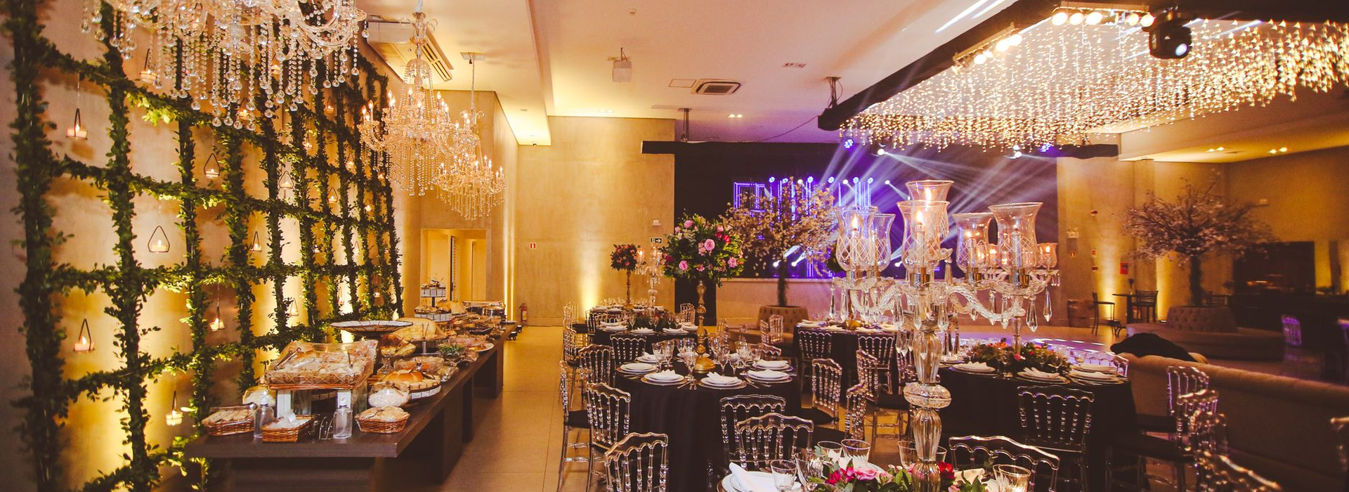 Decorated banquet hall with festive tables
